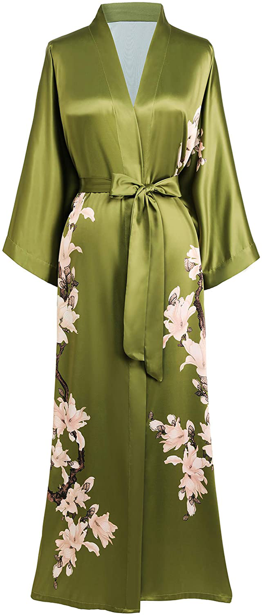 BABEYOND Kimono Robe Cover up Long Floral Satin Sleepwear Silky Bathrobe Bachelorette Robe Apparel & Accessories > Clothing > Sleepwear & Loungewear > Robes KYLIE MAX Olive  