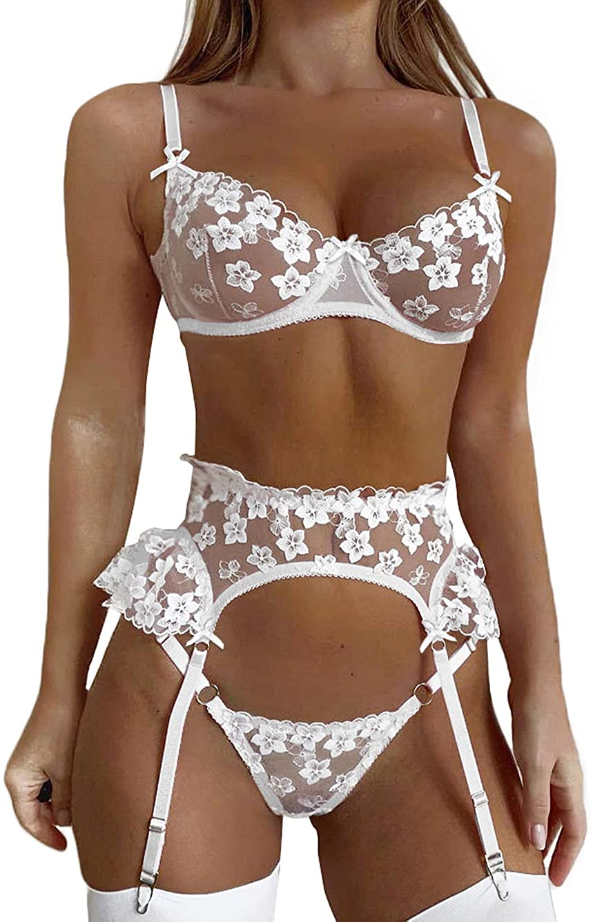 Kaei&Shi Garter Lingerie for Women,Underwire Embroidered Sexy Lingerie,Ruffle 3 Piece Lingerie Set Apparel & Accessories > Clothing > Underwear & Socks > Lingerie Kaei&Shi White 14 