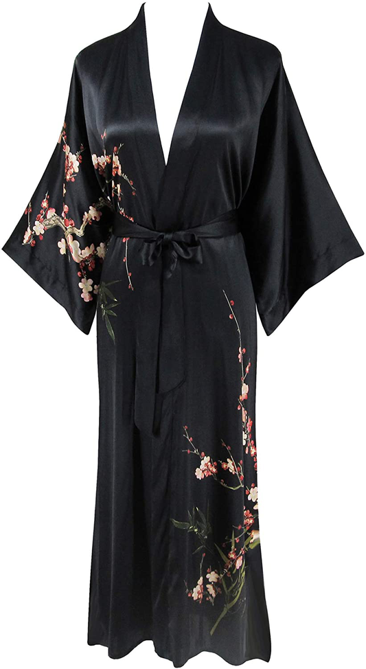 Ledamon Women'S 100% Silk Kimono Long Robe - Classic Colors and Prints Apparel & Accessories > Clothing > Sleepwear & Loungewear > Robes Ledamon Black  