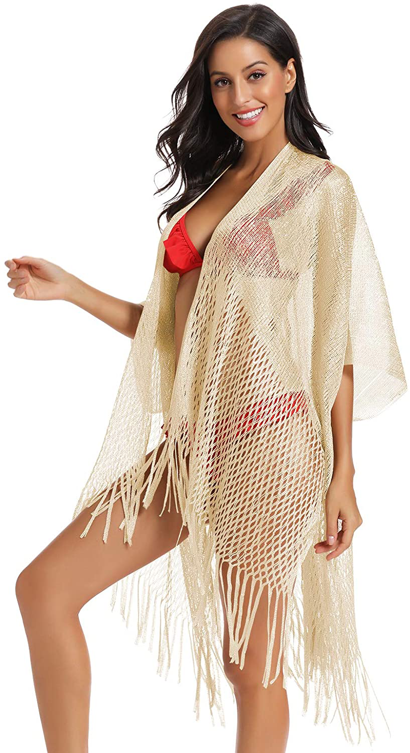 Metallic Sparkly Kimono Cardigan Swimsuit Beach Bikini Cover Ups Open Front Casual Blouse Tops Apparel & Accessories > Clothing > Swimwear Kylie Max   