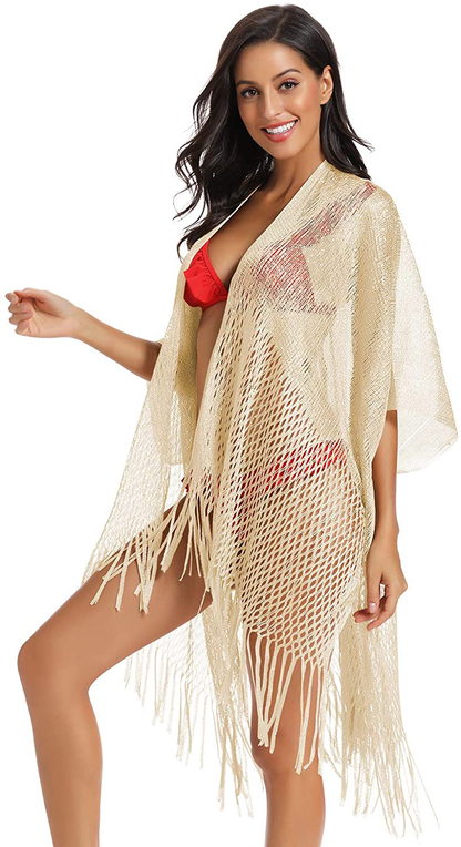Metallic Sparkly Kimono Cardigan Swimsuit Beach Bikini Cover Ups Open Front Casual Blouse Tops Apparel & Accessories > Clothing > Swimwear Kylie Max   
