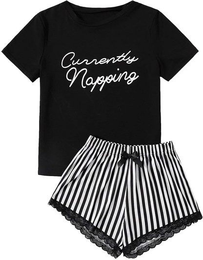 DIDK Women's Cute Cartoon Print Tee and Shorts Pajama Set Apparel & Accessories > Clothing > Sleepwear & Loungewear > Pajamas DIDK Black Striped Small 
