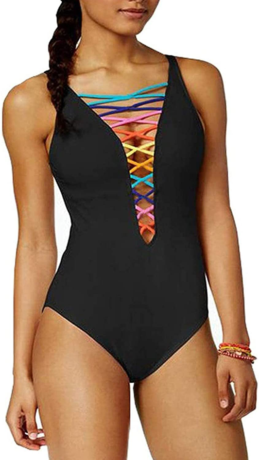 SOFIA'S CHOICE Women One-Piece Swimsuit Deep V Neck Lace up Lattice Front Rainbow Tie Bikini Apparel & Accessories > Clothing > Swimwear Kylie Max   