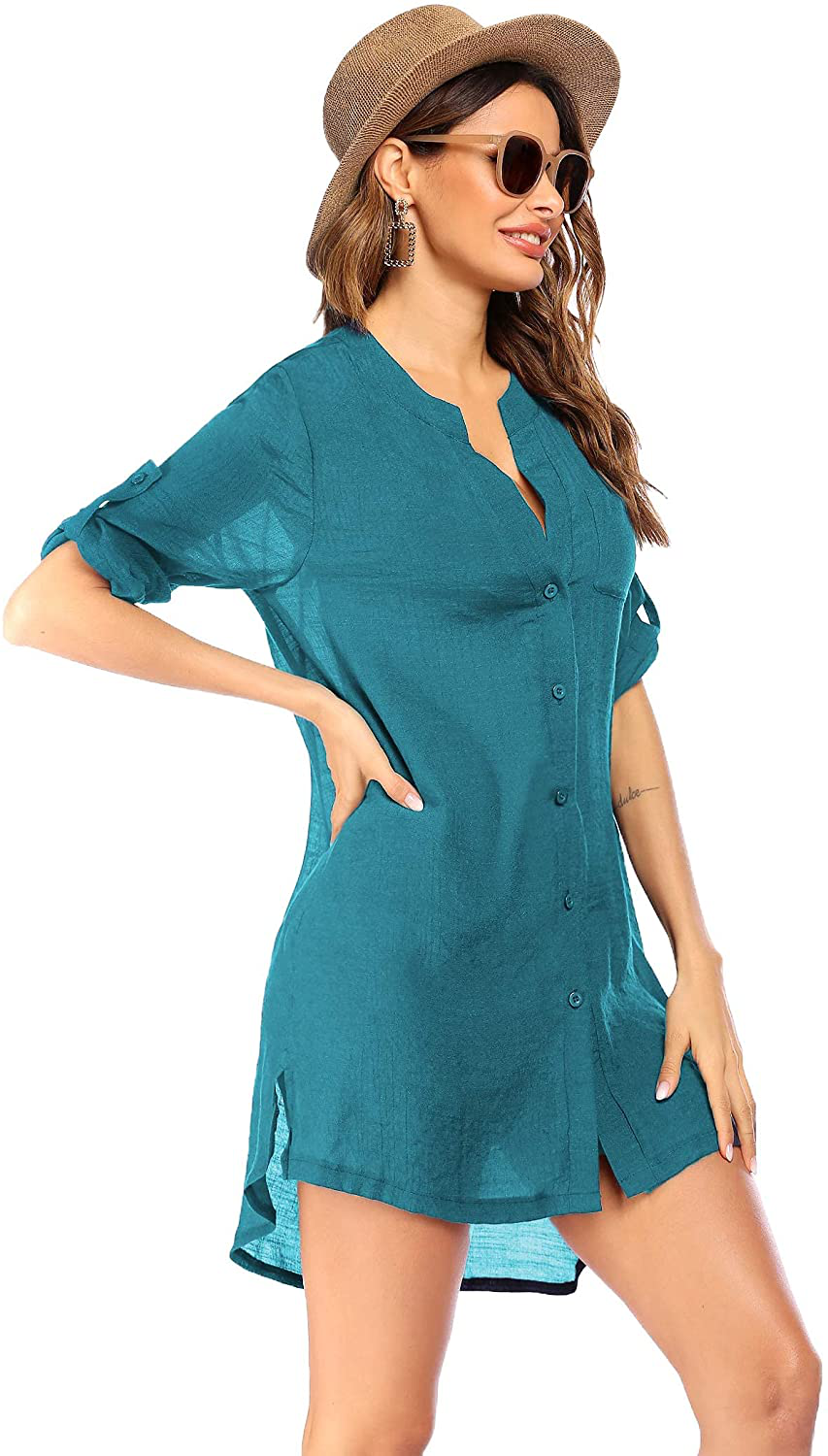 Ekouaer Women'S Cover up Shirt V-Neck Swimsuit Beach Bikini Beachwear Button down Bathing Suit S-3XL Apparel & Accessories > Clothing > Swimwear Kylie Max   