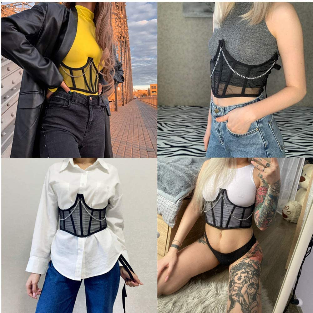 JUMISEE Women See through Mesh Lace up Bustier Corset Metal Chain Boned Overbust Waist Cincher Wide Belt Apparel & Accessories > Clothing > Underwear & Socks > Lingerie JUMISEE   