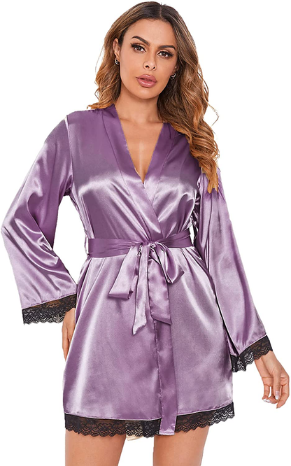 Verdusa Women'S Cheetah Print Contrast Lace Long Sleeve Belted Satin Night Robe Apparel & Accessories > Clothing > Sleepwear & Loungewear > Robes Verdusa Purple Medium 