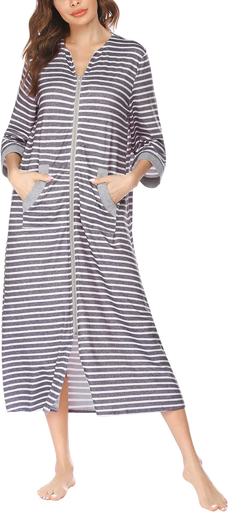 Ekouaer Women Zipper Robe 3/4 Sleeves Loungewear Full Length Sleepwear Pockets Housecoat Long Soft Bathrobe Apparel & Accessories > Clothing > Sleepwear & Loungewear > Robes Ekouaer Striped Grey Large 