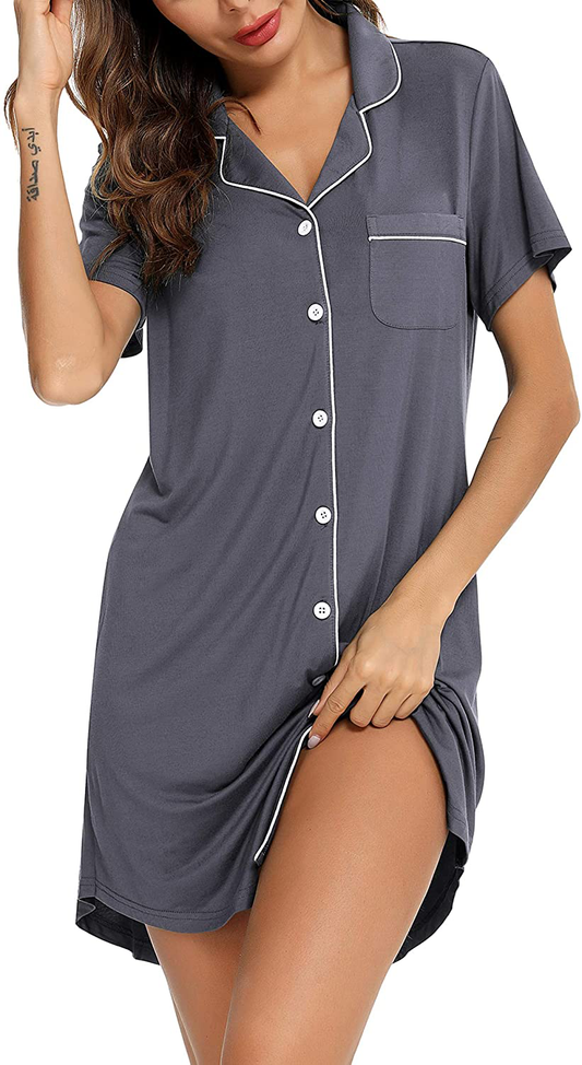 Samring Nightgown for Women Sleep Shirt Short Long Sleeve Sleepwear Boyfriend Nightshirt Button down Pajama Dress S-XXL Apparel & Accessories > Clothing > Sleepwear & Loungewear > Nightgowns Kylie Max   