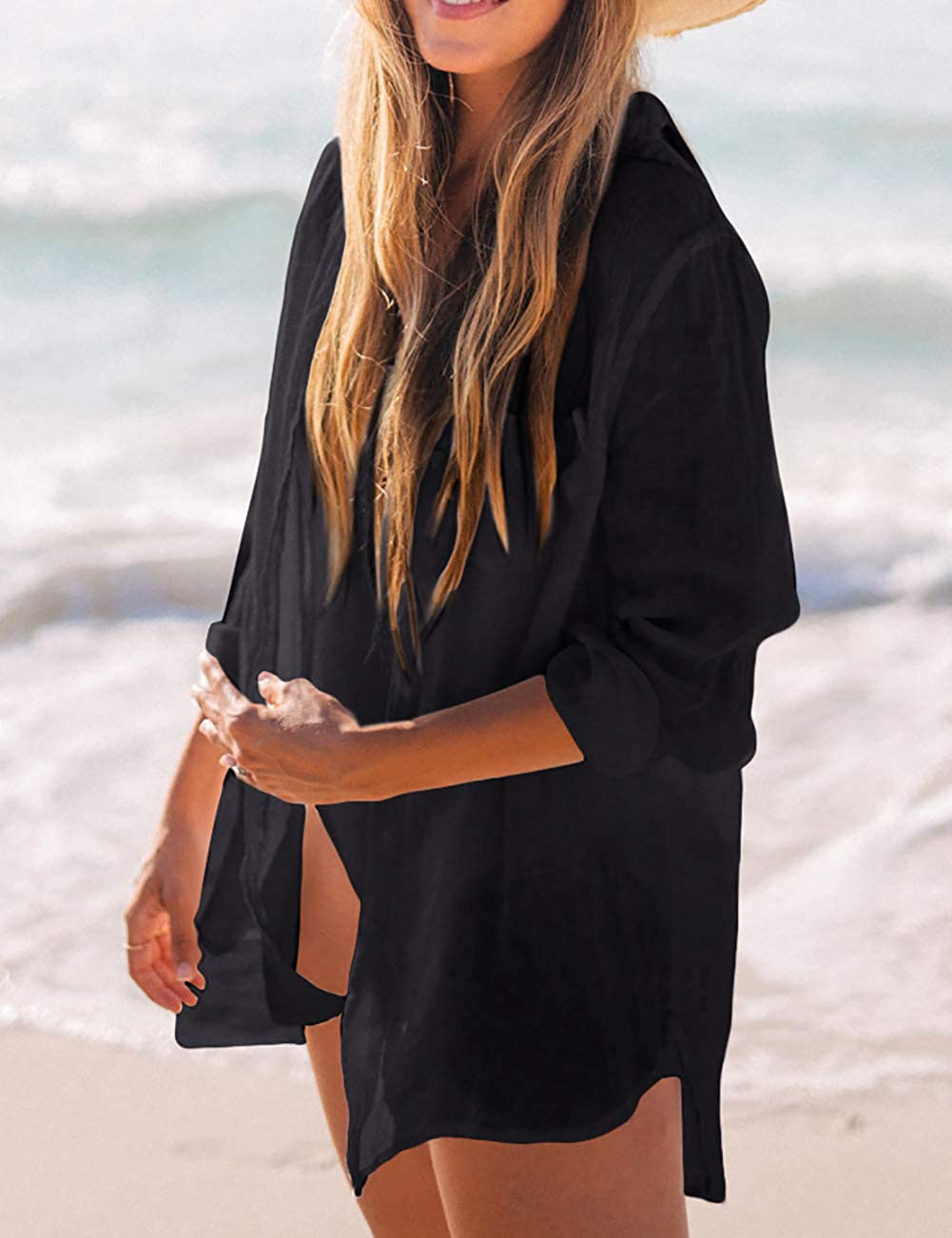 Bsubseach Women Long Sleeve Beach Shirt Blouses Turn down Collar Bathing Suit Cover Ups Apparel & Accessories > Clothing > Swimwear Kylie Max   