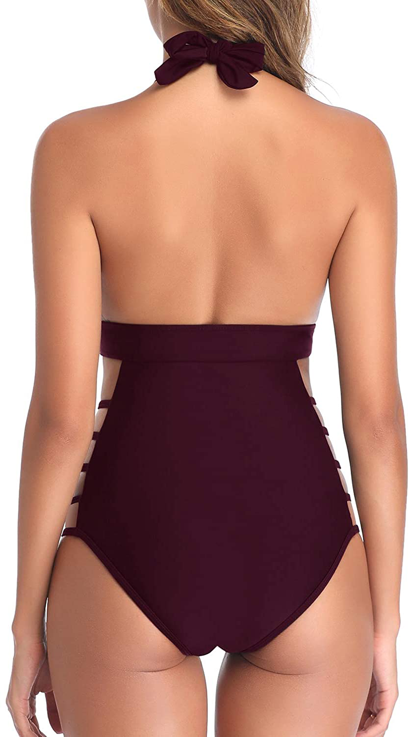 Tempt Me Women Plunge V Neck One Piece Swimsuits Halter Open Back Bathing Suits High Leg Cutout Swimwear Apparel & Accessories > Clothing > Swimwear Kylie Max   