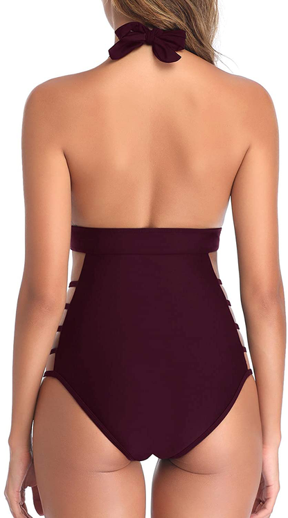 Tempt Me Women Plunge V Neck One Piece Swimsuits Halter Open Back Bathing Suits High Leg Cutout Swimwear Apparel & Accessories > Clothing > Swimwear Kylie Max   