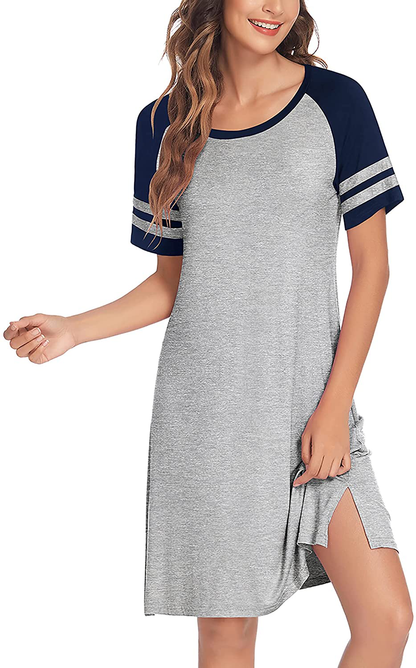 Hotouch Nightshirts Womens Nightgowns Raglan Striped Short Sleeve Sleepwear Comfy Sleepshirt S-XXL Apparel & Accessories > Clothing > Sleepwear & Loungewear > Nightgowns Kylie Max   
