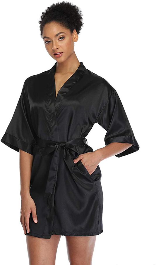 Short Silky Robe for Women Bridal Lightweight Sleepwear Satin Kimono Bathrobe Apparel & Accessories > Clothing > Sleepwear & Loungewear > Robes Ferrendo Black Large 