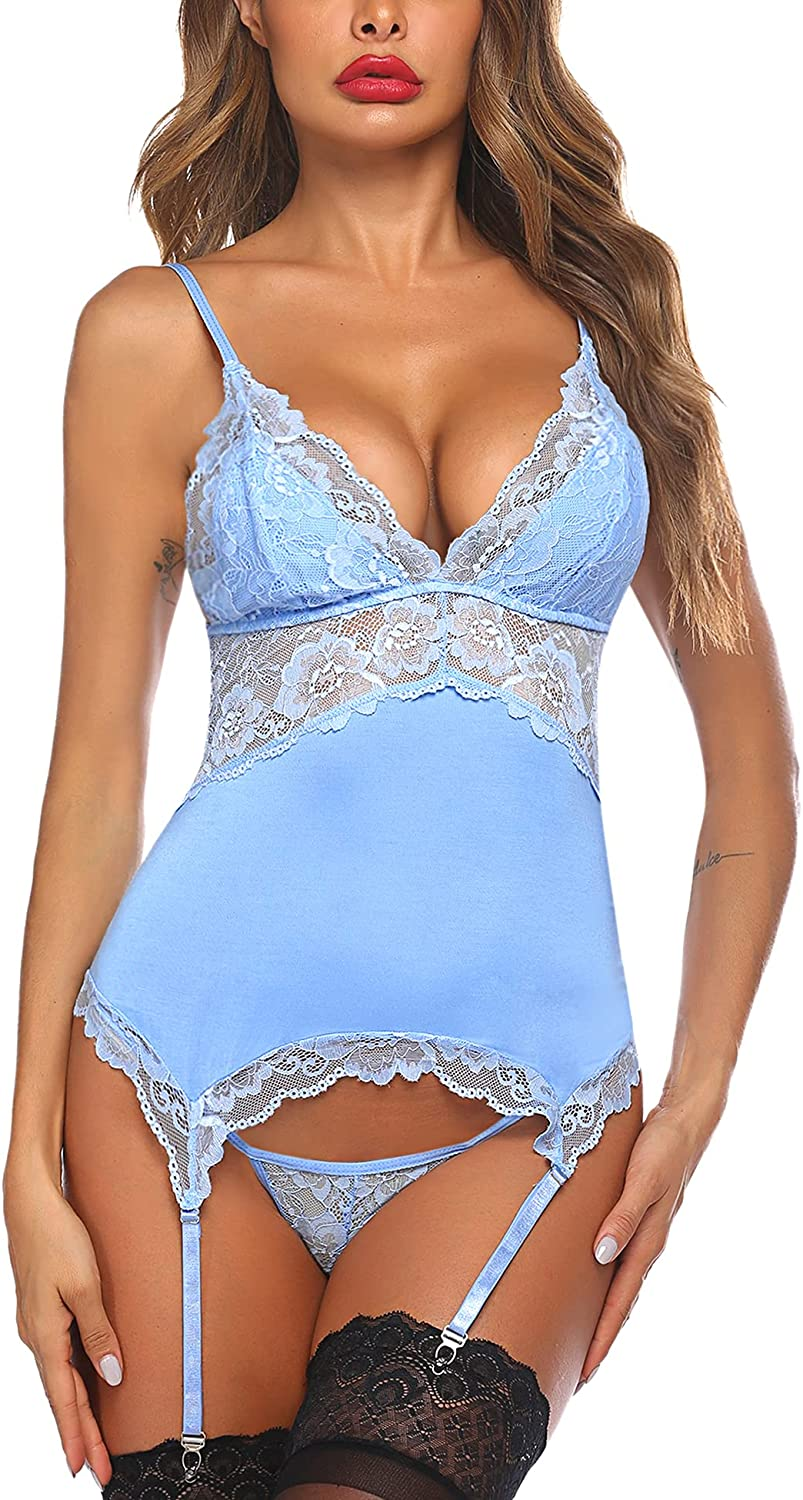 Avidlove Women Chemise Lingerie Set with Garter Belts Lace Babydoll Teddy Nightwear Outfit Apparel & Accessories > Clothing > Underwear & Socks > Lingerie Avidlove Sky Blue Medium 