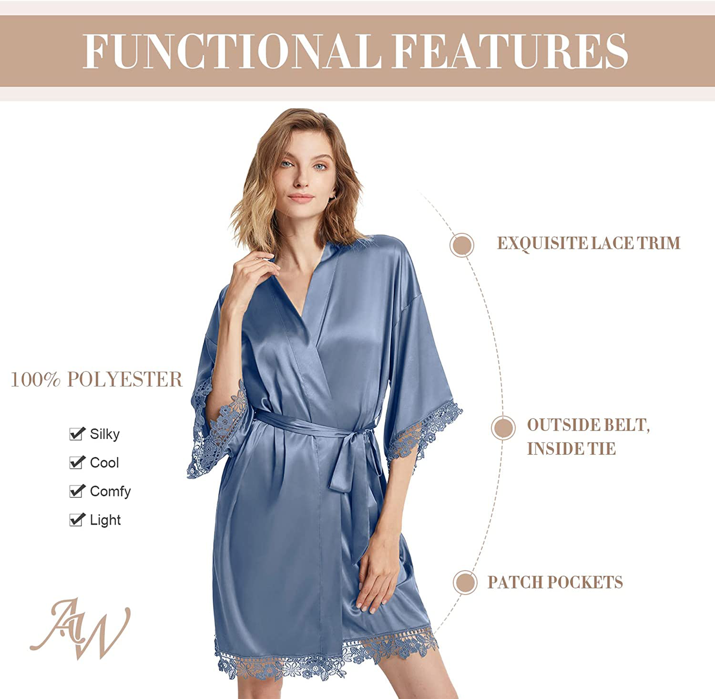 AW BRIDAL Women'S Lace Trim Silk Robe Satin Robe for Bridal Robe Bride Robe Bridesmaids Robes Wedding Nightgown, S-XL Apparel & Accessories > Clothing > Sleepwear & Loungewear > Robes AW BRIDAL   
