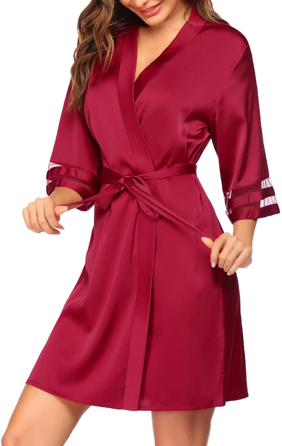 Ekouaer Womens Satin Robe Lightweight Kimono Bathrobe 3/4 Bell Sleeve Bridesmaid Bride Party Robes S-XXL Apparel & Accessories > Clothing > Sleepwear & Loungewear > Robes Ekouaer Cherry Red Small 