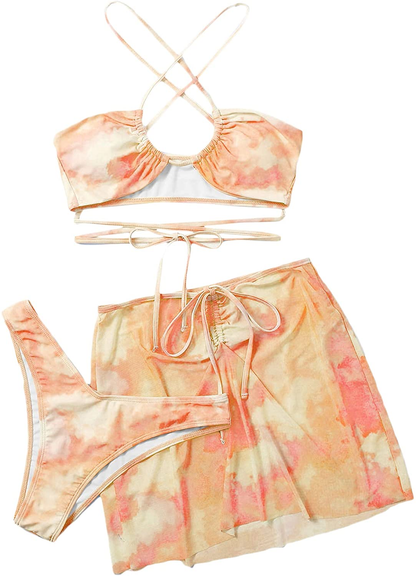 SOLY HUX Women'S Tie Dye Wrap Bikini Bathing Suits with Mesh Beach Skirt 3 Piece Swimsuits Apparel & Accessories > Clothing > Underwear & Socks > Lingerie KYLIE MAX Orange Tie Dye Large 