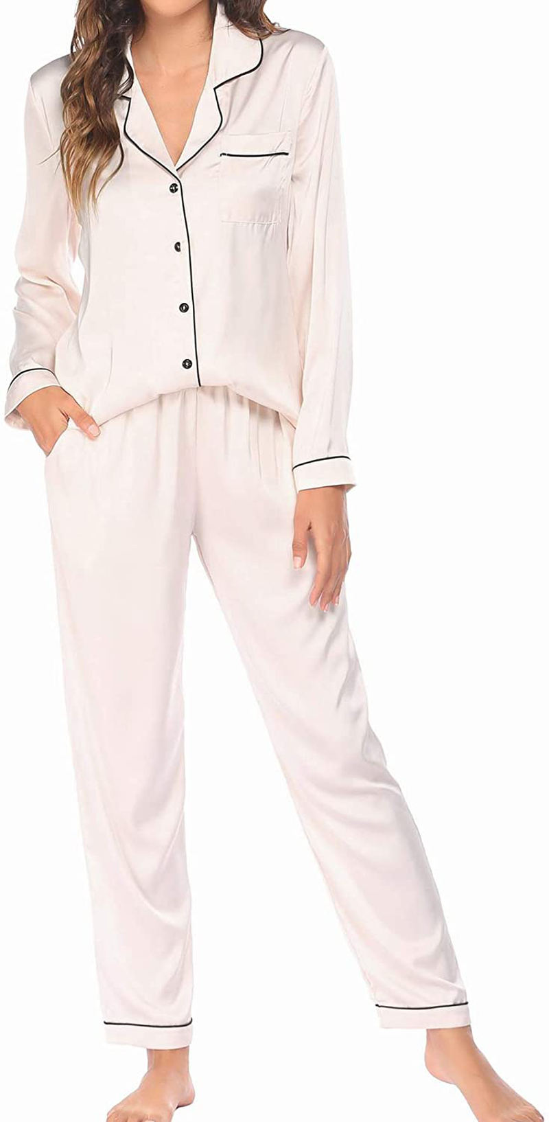 Ekouaer Satin Pajamas Women’S Long Sleeve Sleepwear Silk Soft Button down Loungewear Pjs Set S-XXL Apparel & Accessories > Clothing > Sleepwear & Loungewear > Pajamas Kylie Max   