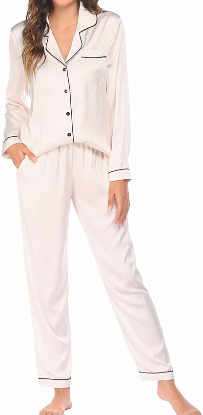 Ekouaer Satin Pajamas Women’S Long Sleeve Sleepwear Silk Soft Button down Loungewear Pjs Set S-XXL Apparel & Accessories > Clothing > Sleepwear & Loungewear > Pajamas Kylie Max   