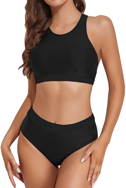 Tempt Me Women High Waisted Bikini High Neck Crop Top Two Piece Swimsuits Tummy Control Sporty Bathing Suits with Bottom Apparel & Accessories > Clothing > Swimwear Kylie Max   