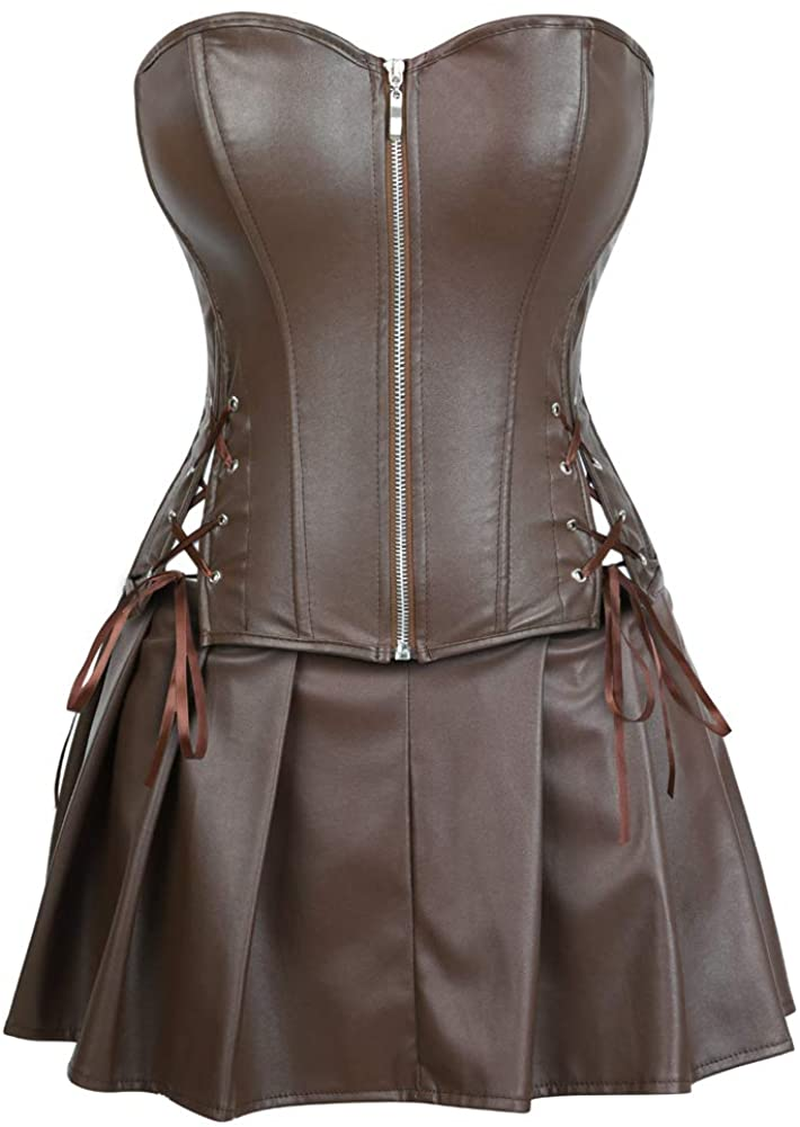 Frawirshau Faux Leather Corset Dress Corsets for Women Sexy Bustier Lingeire Corset Skirt Costume Apparel & Accessories > Clothing > Underwear & Socks > Lingerie frawirshau Brown 4X-Large 