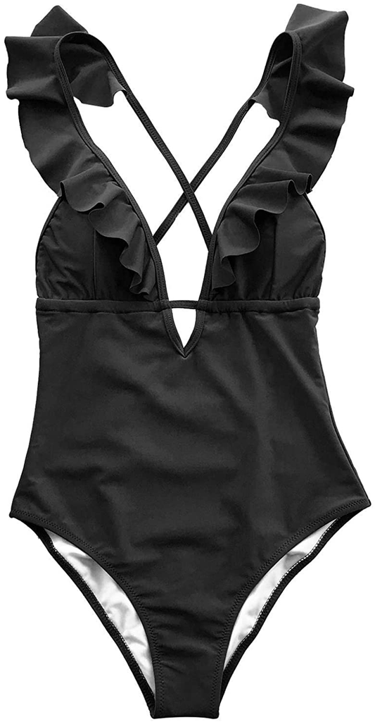 CUPSHE Women'S One Piece Swimsuit Ruffle Deep V Neck Strappy Swimwear Bathing Suits Apparel & Accessories > Clothing > Swimwear Kylie Max   