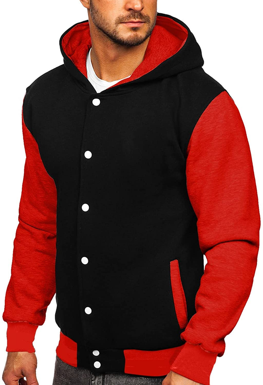 Merthy Mens Classic Varsity Baseball Jackets with Hood Casual Slim Fit Snap Buttons Cotton Uniform Bomber Jackets Coats Apparel & Accessories > Clothing > Underwear & Socks > Shapewear Merthy 01 Red Large 