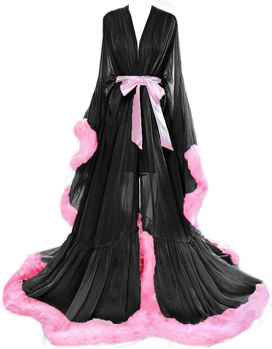 Molisa Women'S Sexy Feather Bridal Robe Long Wedding Scarf Illusion Bathrobe Sleepwear Lingerie Robe Nightgown Apparel & Accessories > Clothing > Sleepwear & Loungewear > Robes Molisa Black+pink 3X-Large 