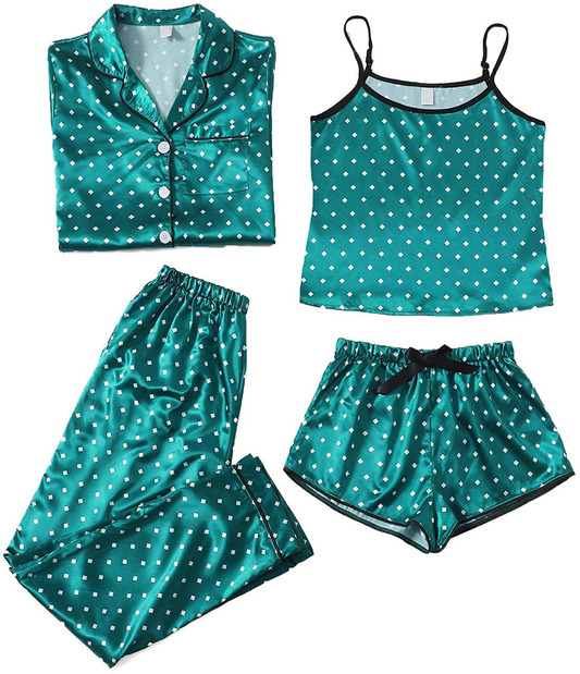 WDIRARA Women'S Silk Satin Pajama Set 4 Pieces Sleepwear Loungewear Pj Sets Apparel & Accessories > Clothing > Sleepwear & Loungewear Kylie Max   
