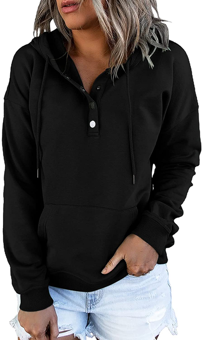Dokotoo Womens Casual Button Collar Drawstring Long Sleeve Hoodies Pullover Sweatshirts Hooded Tops Apparel & Accessories > Clothing > Activewear Kylie Max   