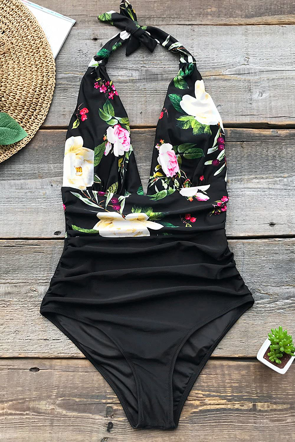 CUPSHE Women'S One Piece Swimsuit Halter Plunge Neck Ruched Tummy Control Bathing Suits Apparel & Accessories > Clothing > Swimwear Kylie Max   