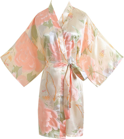 QXQTER Floral Satin Bridal Robe Silk Bridesmaid Robes Bridal Party Robe Dressing Gown Wedding Gifts Apparel & Accessories > Clothing > Sleepwear & Loungewear > Robes QXQTER Champagne  