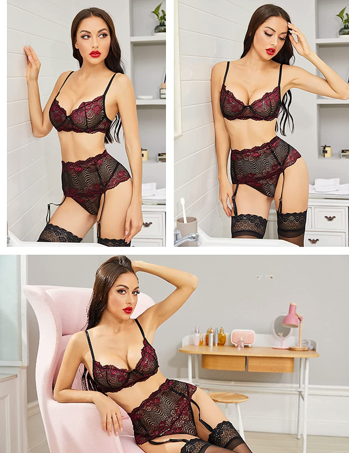 Avidlove Women Lingerie Set with Garter Belts Sexy Bra and Panty High Waist Lingerie Underwire Wine Red Large&Black Large Apparel & Accessories > Clothing > Underwear & Socks > Lingerie Avidlove   