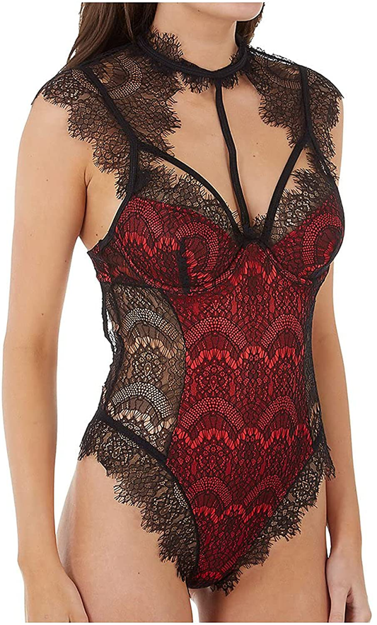 Dreamgirl womens Teddy Bodysuit Lingerie With Contrast Lace Overlay Apparel & Accessories > Clothing > Underwear & Socks > Lingerie Dreamgirl Black/Red X-Large 