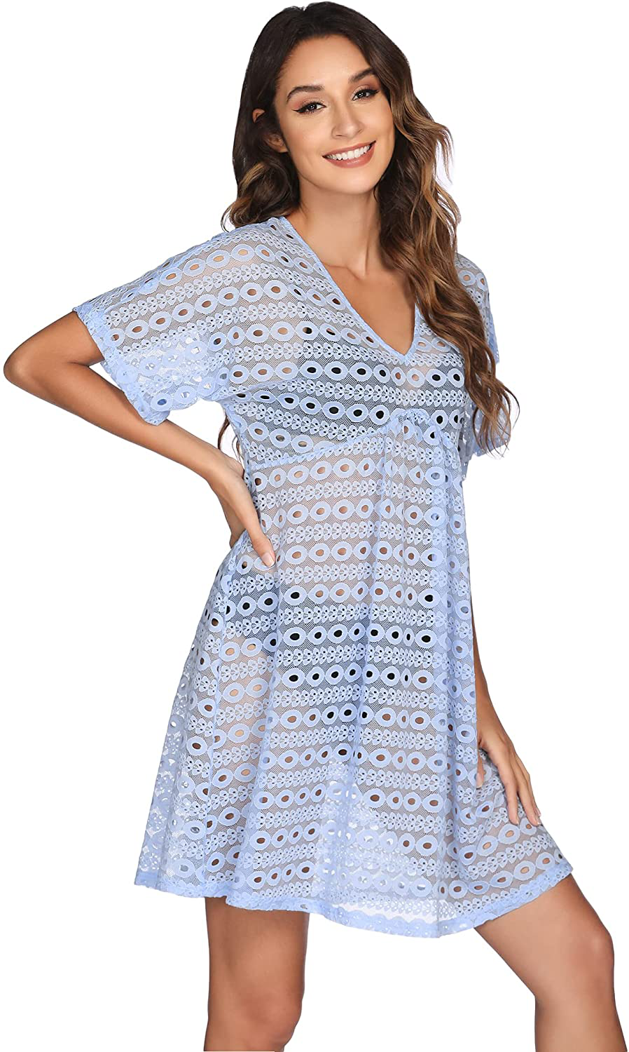 Ekouaer Women Swimsuit Cover Ups Batwing Sleeve Sheer Lace Cover up Bathing Suit Beach Dress Apparel & Accessories > Clothing > Swimwear Kylie Max   
