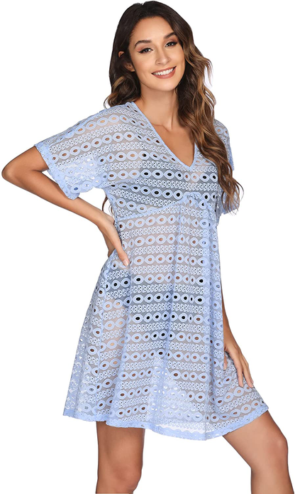 Ekouaer Women Swimsuit Cover Ups Batwing Sleeve Sheer Lace Cover up Bathing Suit Beach Dress Apparel & Accessories > Clothing > Swimwear Kylie Max   
