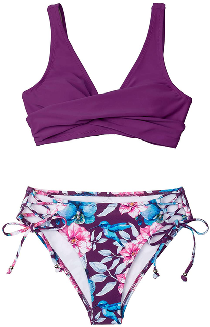 CUPSHE Women's Bikini Swimsuit Front Cross Lace Up Two Piece Bathing Suit Apparel & Accessories > Clothing > Swimwear CUPSHE Violet Large 