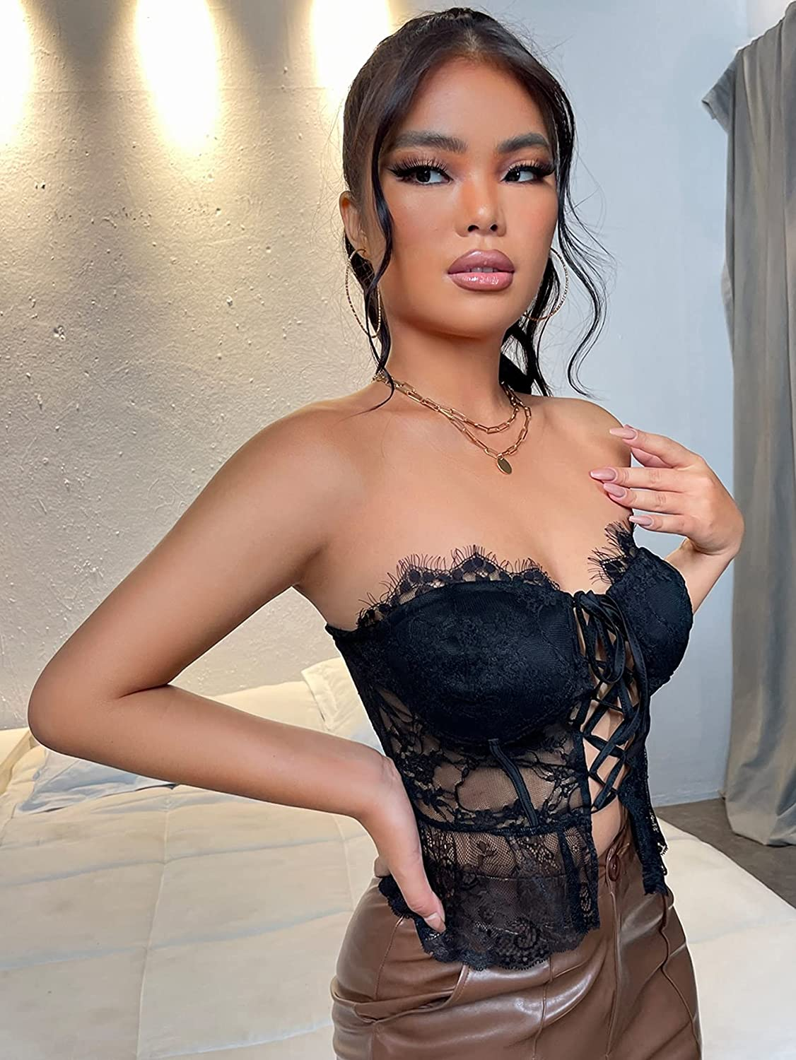 Shein Women'S Floral Sheer Eyelash Lace up Bustier Cami Top Tie Shoulder Bralette Apparel & Accessories > Clothing > Underwear & Socks > Lingerie SheIn   