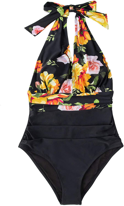 CUPSHE Women'S One Piece Swimsuit Halter Plunge Neck Ruched Tummy Control Bathing Suits Apparel & Accessories > Clothing > Swimwear Kylie Max   