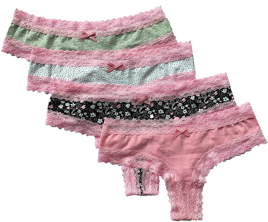 VIC LINUO Lace Panties Lace Cheeky Panties for Women, Soft and Stretched, 4-Pack Apparel & Accessories > Clothing > Underwear & Socks > Underwear VIC LINUO Fashion(2220) Large 