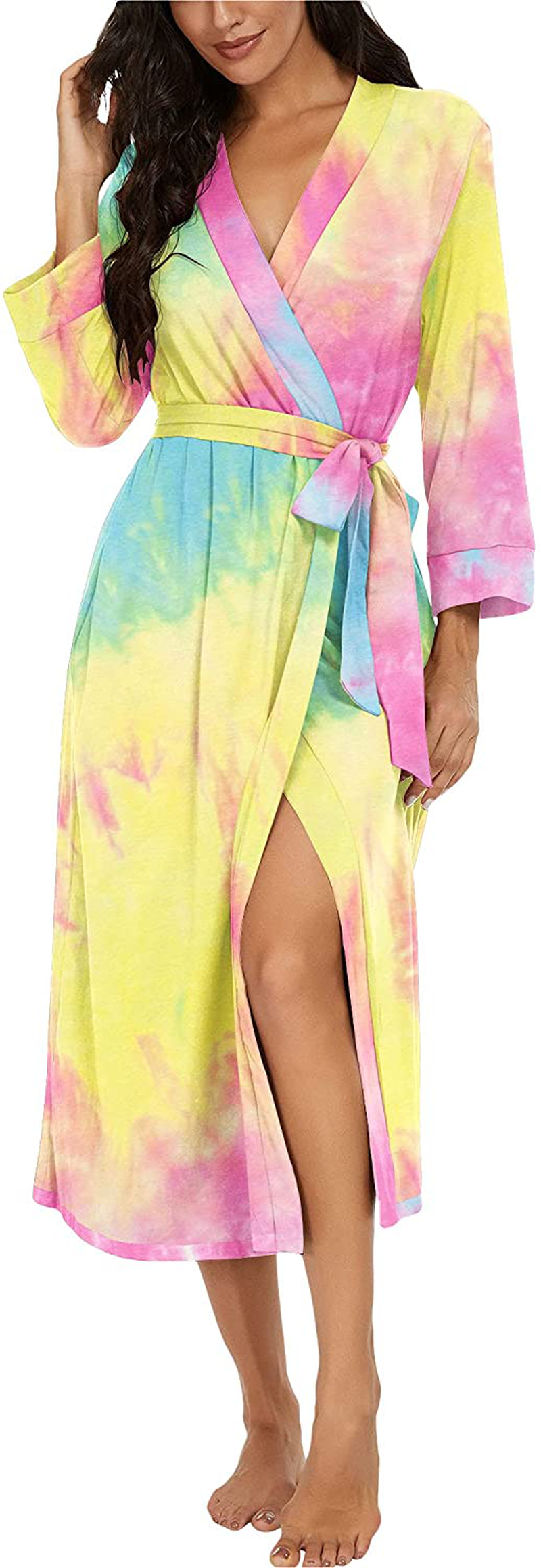 VINTATRE Women Kimono Robes Long Knit Bathrobe Lightweight Soft Knit Sleepwear V-Neck Casual Ladies Loungewear Apparel & Accessories > Clothing > Sleepwear & Loungewear > Robes VINTATRE Colorful Light Yellow Small 