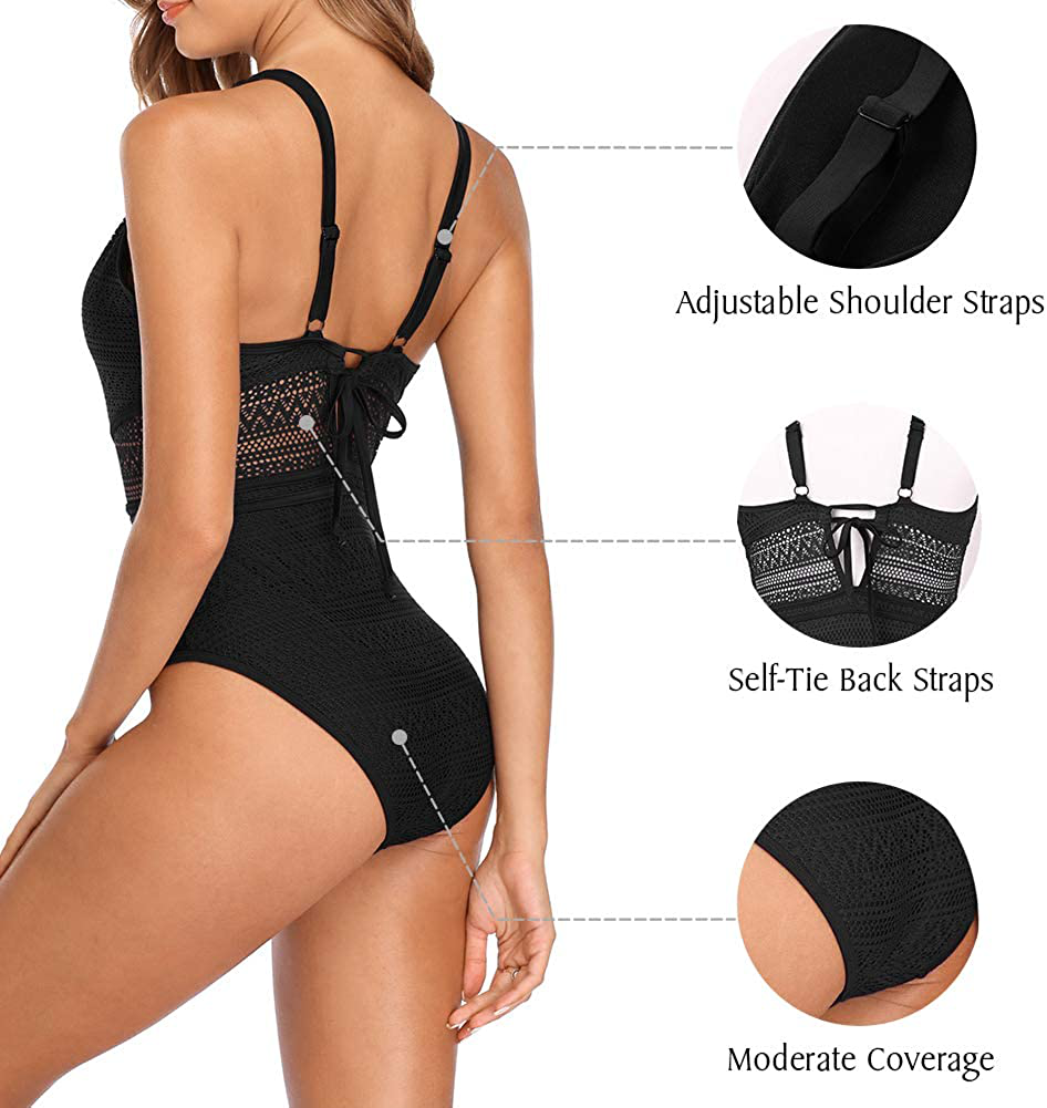 SOCIALA Women'S Crochet One Piece Swimsuits V Neck High Waist Bathing Suit Sexy Hollow Monokini Swimwear Apparel & Accessories > Clothing > Swimwear Kylie Max   