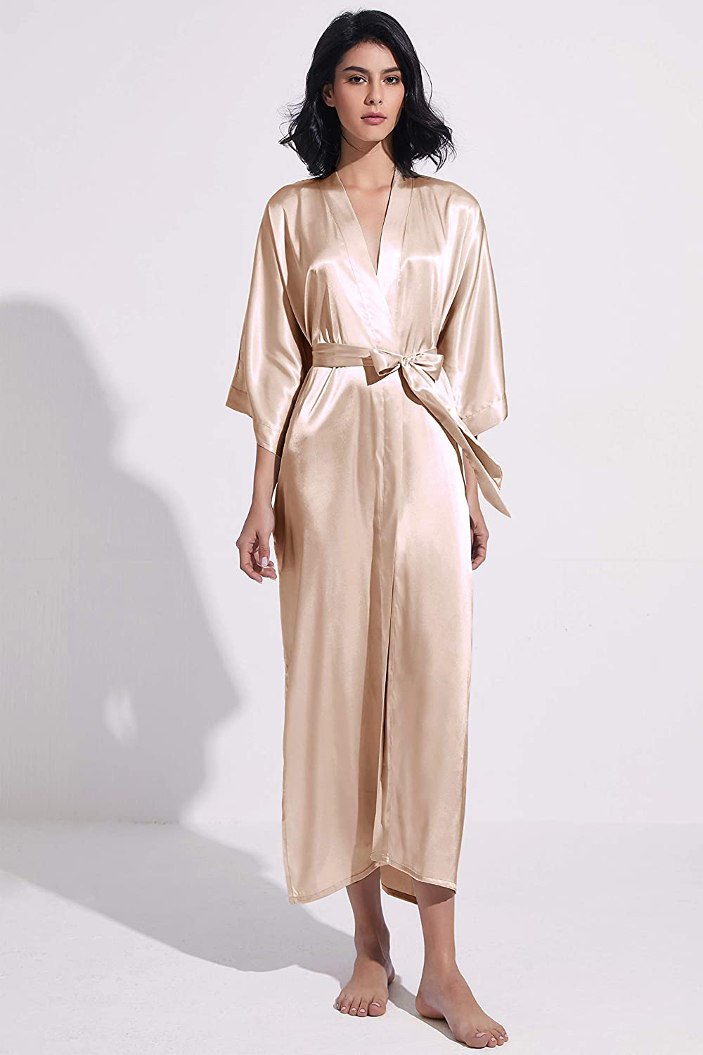 PRODESIGN Satin Kimono Robe Long Silky Kimono Bathrobe Sleepwear Wedding Bridesmaid Robe Apparel & Accessories > Clothing > Sleepwear & Loungewear > Robes KYLIE MAX   