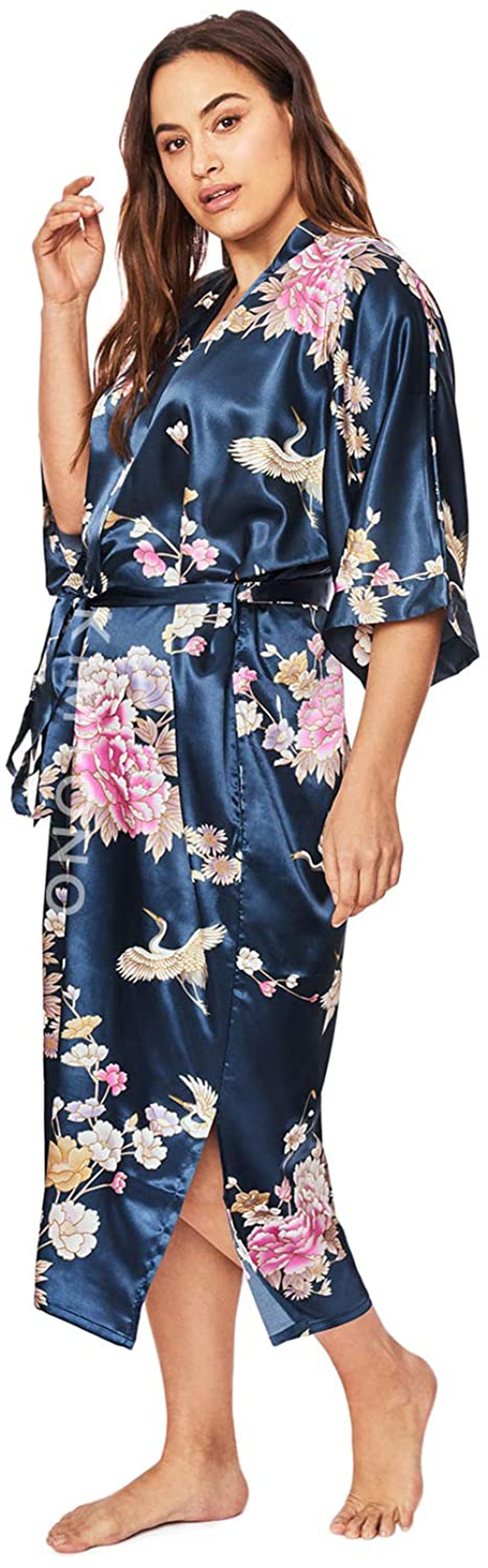 KIM+ONO plus Size Women'S Satin Kimono Robe Long - Floral Apparel & Accessories > Clothing > Sleepwear & Loungewear > Robes KIM+ONO Chrysanthemum & Crane - Navy  
