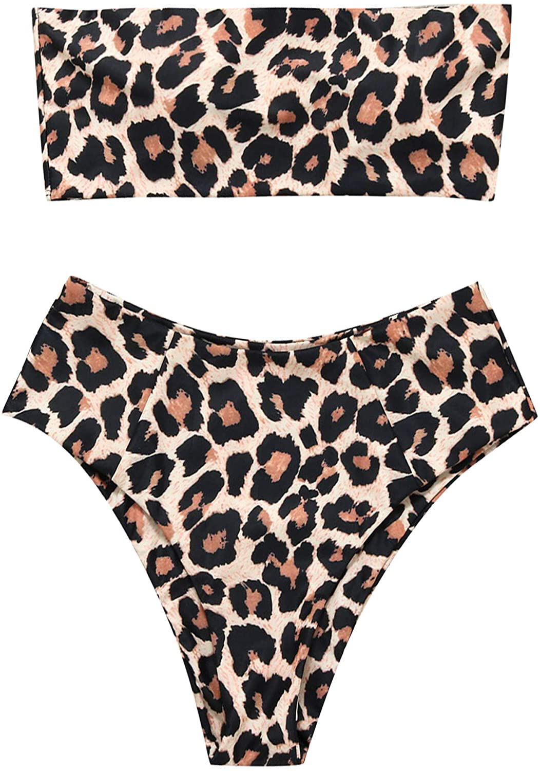 OMKAGI Women's 2 Pieces Bandeau Bikini Swimsuits Off Shoulder High Waist Bathing Suit High Cut Apparel & Accessories > Clothing > Swimwear OMKAGI 0-apricot Leopard Small 