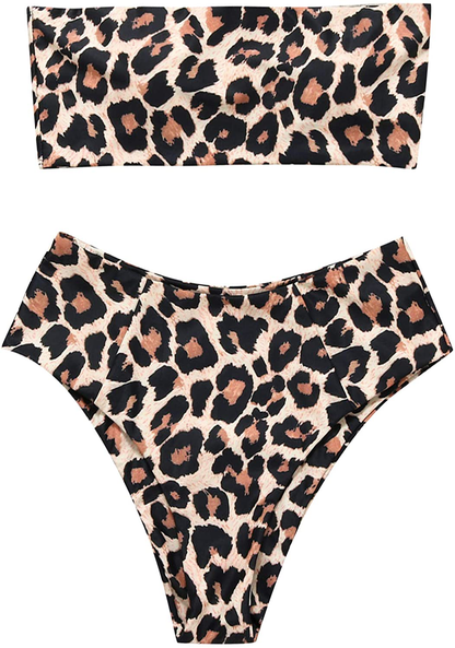 OMKAGI Women's 2 Pieces Bandeau Bikini Swimsuits Off Shoulder High Waist Bathing Suit High Cut Apparel & Accessories > Clothing > Swimwear OMKAGI 0-apricot Leopard Small 