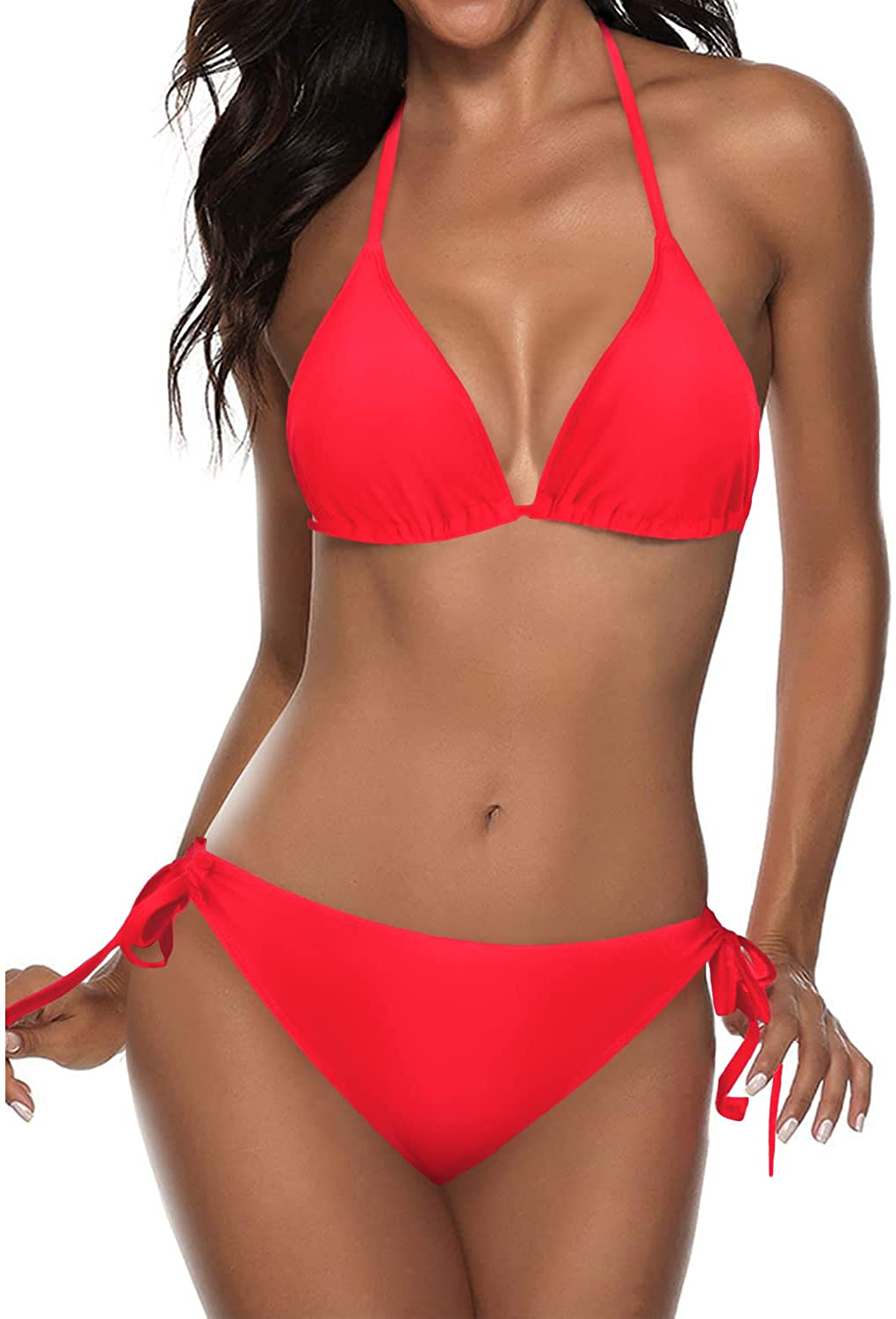 Tempt Me Women Two Piece Halter Padded Top Tie Side Bottom Triangle Bikini Bathing Suit Apparel & Accessories > Clothing > Swimwear Tempt Me Neon Red Small 