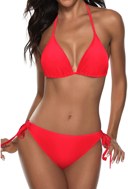 Tempt Me Women Two Piece Halter Padded Top Tie Side Bottom Triangle Bikini Bathing Suit Apparel & Accessories > Clothing > Swimwear Tempt Me Neon Red Small 