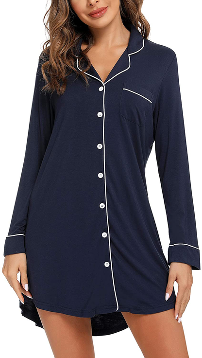 Samring Nightgown for Women Sleep Shirt Short Long Sleeve Sleepwear Boyfriend Nightshirt Button down Pajama Dress S-XXL Apparel & Accessories > Clothing > Sleepwear & Loungewear > Nightgowns Kylie Max   