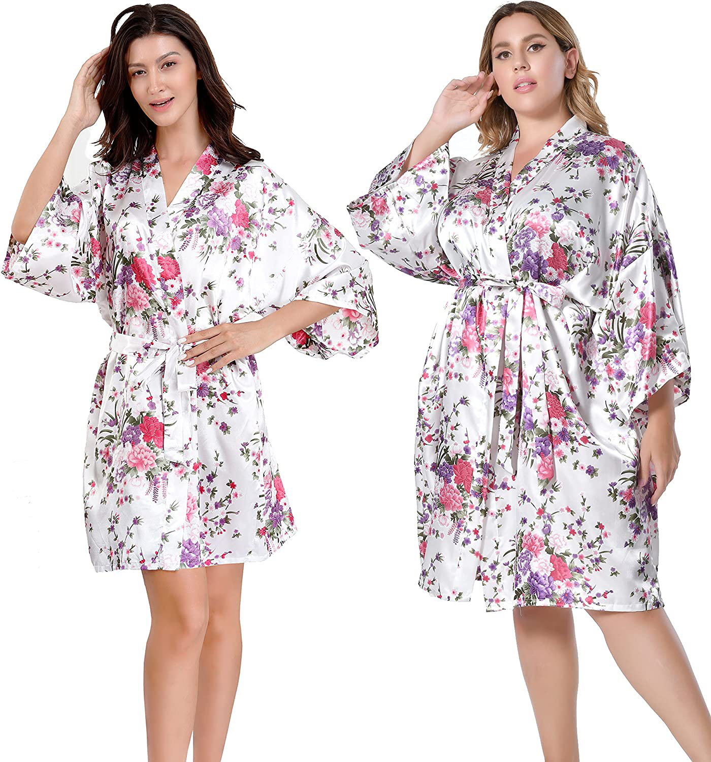 EPLAZA Women Floral Satin Robe Bridal Dressing Gown Wedding Bride Bridesmaid Kimono Sleepwear Apparel & Accessories > Clothing > Sleepwear & Loungewear > Robes EPLAZA White Small-Medium 
